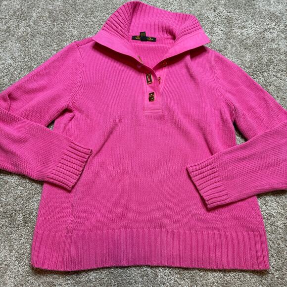 Vintage Ralph Lauren Womens Fuchsia Sweater 100% Cotton Gold Twist Lock Button L - Picture 1 of 7